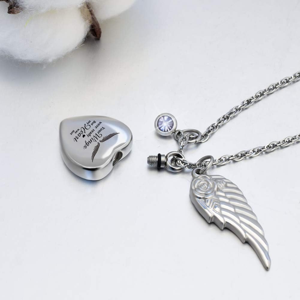 Dletay Heart Urn Necklace for Ashes with 12 Birthstones Cremation Jewelry for Ashes -Your Wings Were Ready My Heart Was Not