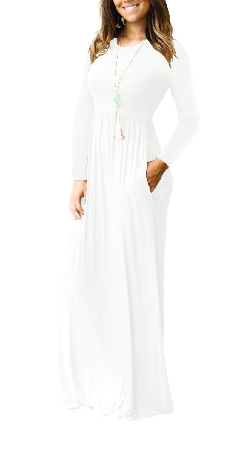 VIISHOW Women's Long Sleeve Loose Plain Maxi Dresses Casual Long Dresses with Pockets(White,Medium)