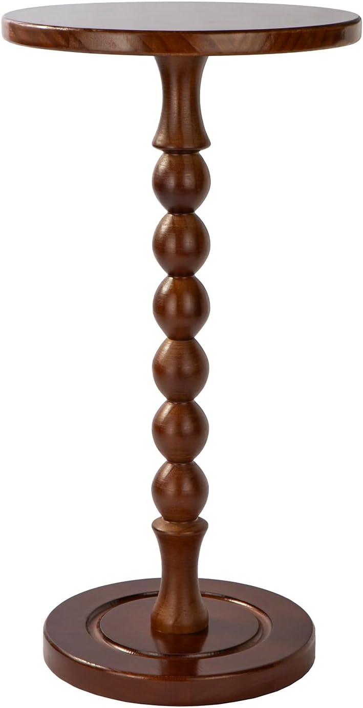 Round Side Table for Small Spaces, Drink Table with Oak Wood Pedestal, Modern End Table Nightstand for Living Room, Bedroom, Office, and Corners, Tool-Free Assembly, Brown