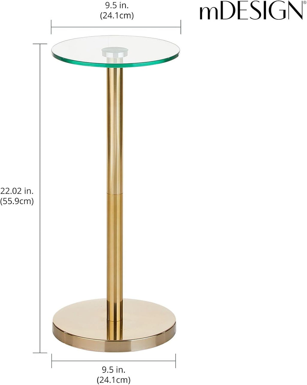 mDesign Glass Top Side/End Drink Table - Small Modern Round Accent Metal Nightstand Furniture for Living Room, Dorm, Home Office, and Bedroom - 9" Round - Clear/Soft Brass