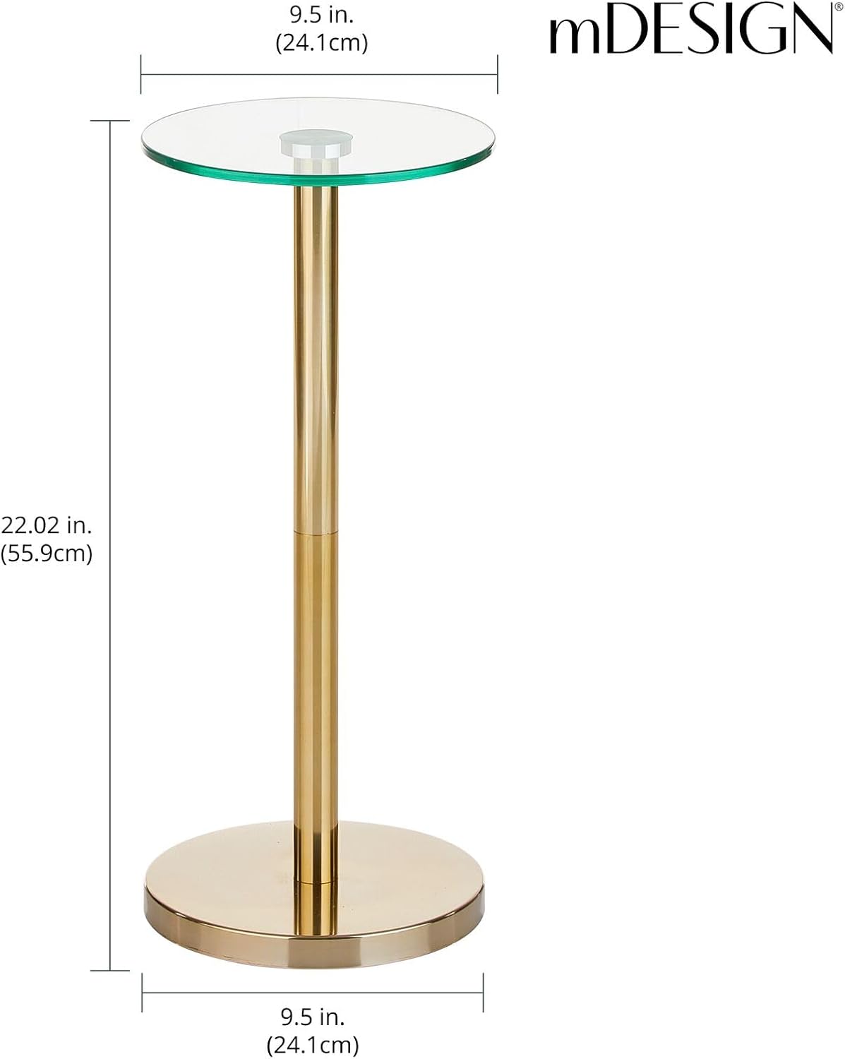 mDesign Glass Top Side/End Drink Table - Small Modern Round Accent Metal Nightstand Furniture for Living Room, Dorm, Home Office, and Bedroom - 9" Round - Clear/Soft Brass