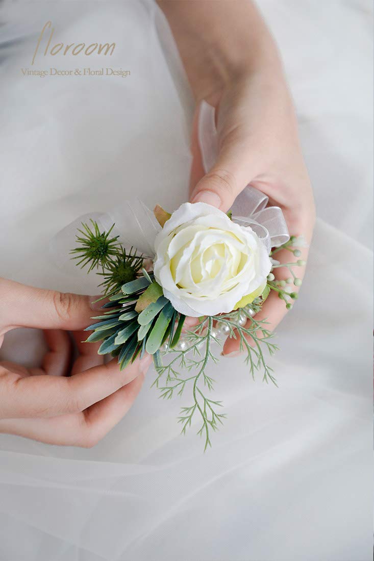 Floroom elfenbensfarvet rosen håndledskorsage håndledsarmbånd og sæt med boutonniere til mænd til hvide bryllupsblomster tilbehør til prom jakkesætsdekorationer
