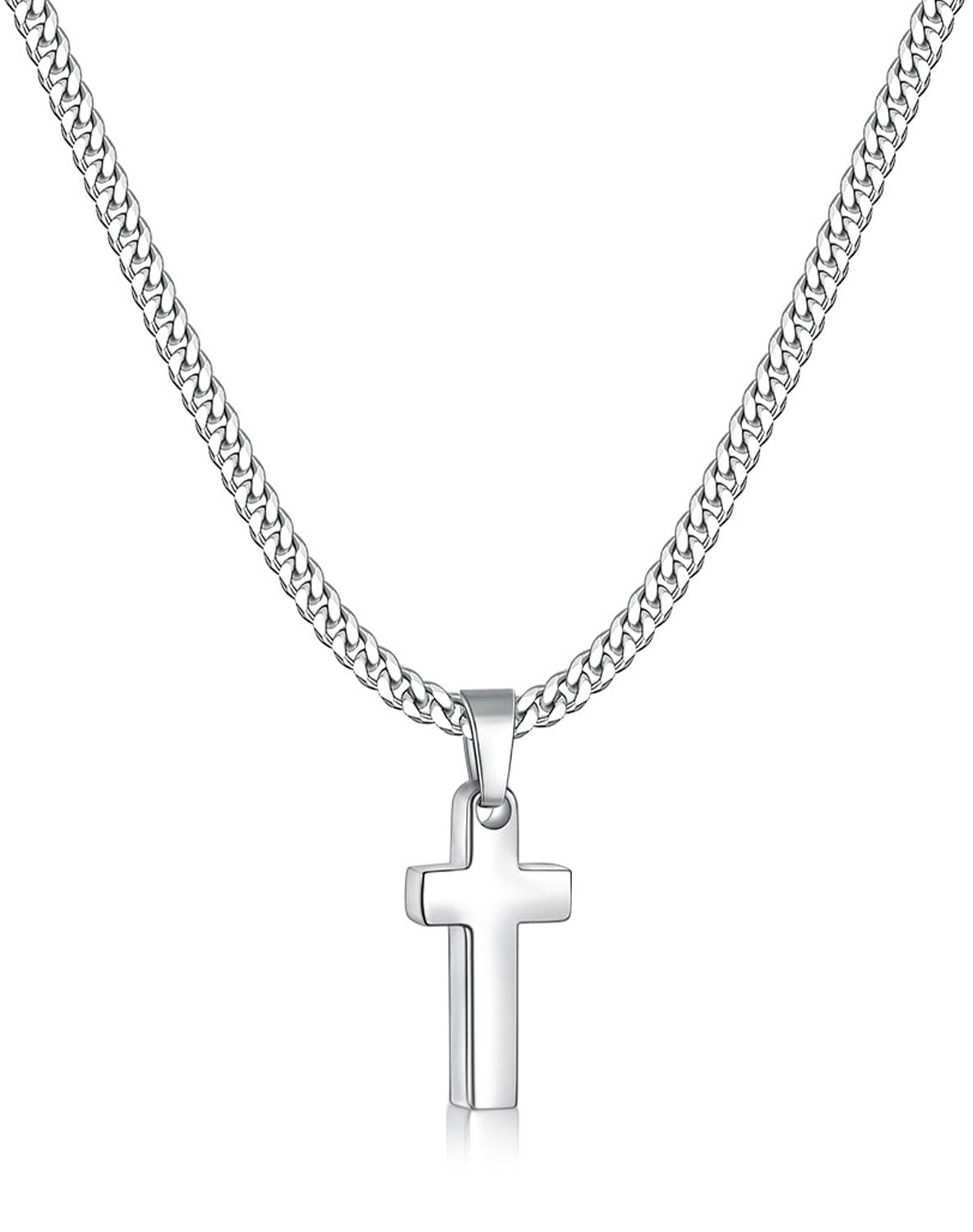 Fiusem Silver Tone Cross Necklace for Men, Mens Cross Necklaces with 3.5mm Chain and Stainless Steel Pendant, Cuban Chain 16-24 Inches