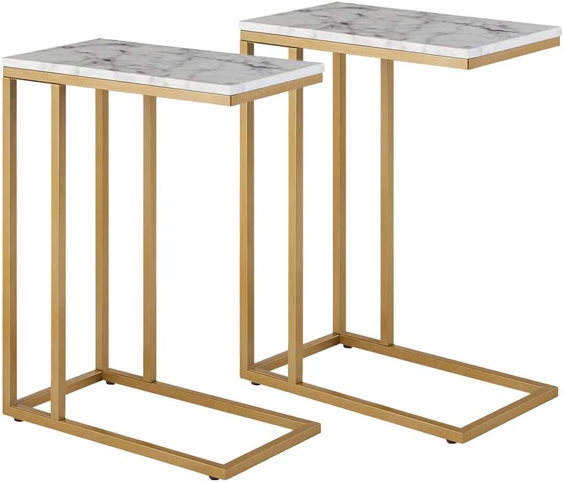 C-Shape Side End Table, Faux Marble Tray Snack Table with Metal Frame, Laptop Coffee Holder, Modern Furniture (Gold,2pcs)