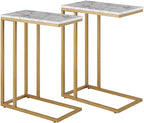 C-Shape Side End Table, Faux Marble Tray Snack Table with Metal Frame, Laptop Coffee Holder, Modern Furniture (Gold,2pcs)