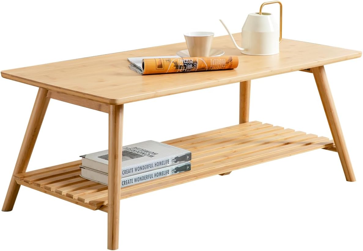 Nnewvante Coffee Table Foldable Bamboo Mid Century Desk TV Stand with Open Storage Shelf Center Table for Living Room Furniture RV No Assembly