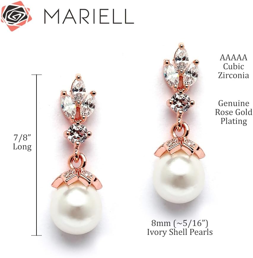 Mariell Pearl Drop Wedding Earrings, 8MM Ivory Shell Pearls, Cubic Zirconia Crystal and Pearl Earrings for Brides, Bridesmaid, Prom and Mother of the Bride
