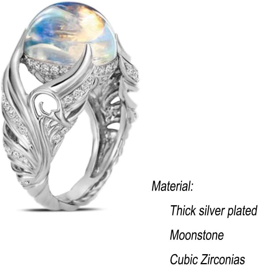 HAIXIAN Feather Leaf Moonstone Ring,S925 Sterling Silver Statement Angel wings Ring,Cocktail Party Ring Jewelry for Women