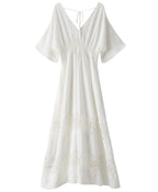 Olaesa Boho Maxi Dress V Neck Short Sleeve Lace Smocked Waist Bohemian Party Dress for Women with Pockets White