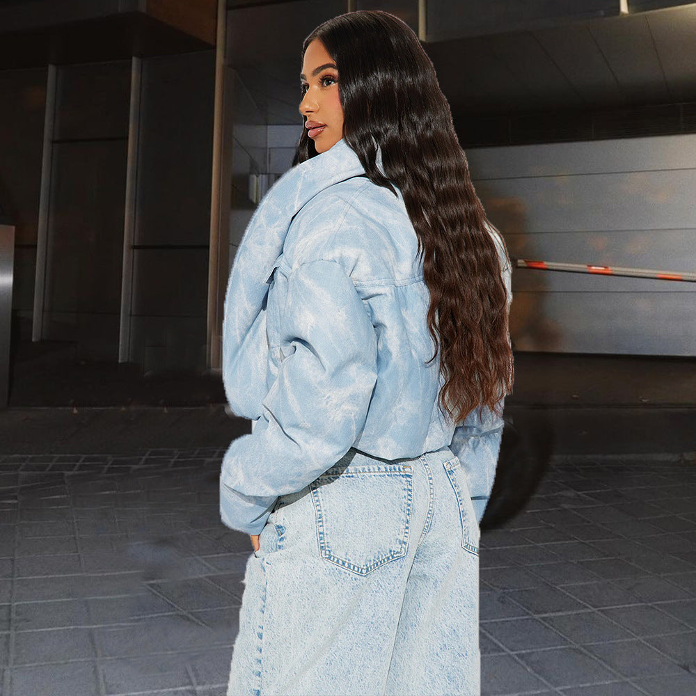 Quilted Scarf Stand Collar Pocket Long Sleeve Blooming Color Matching Short Cotton-padded Coat Coat For Women