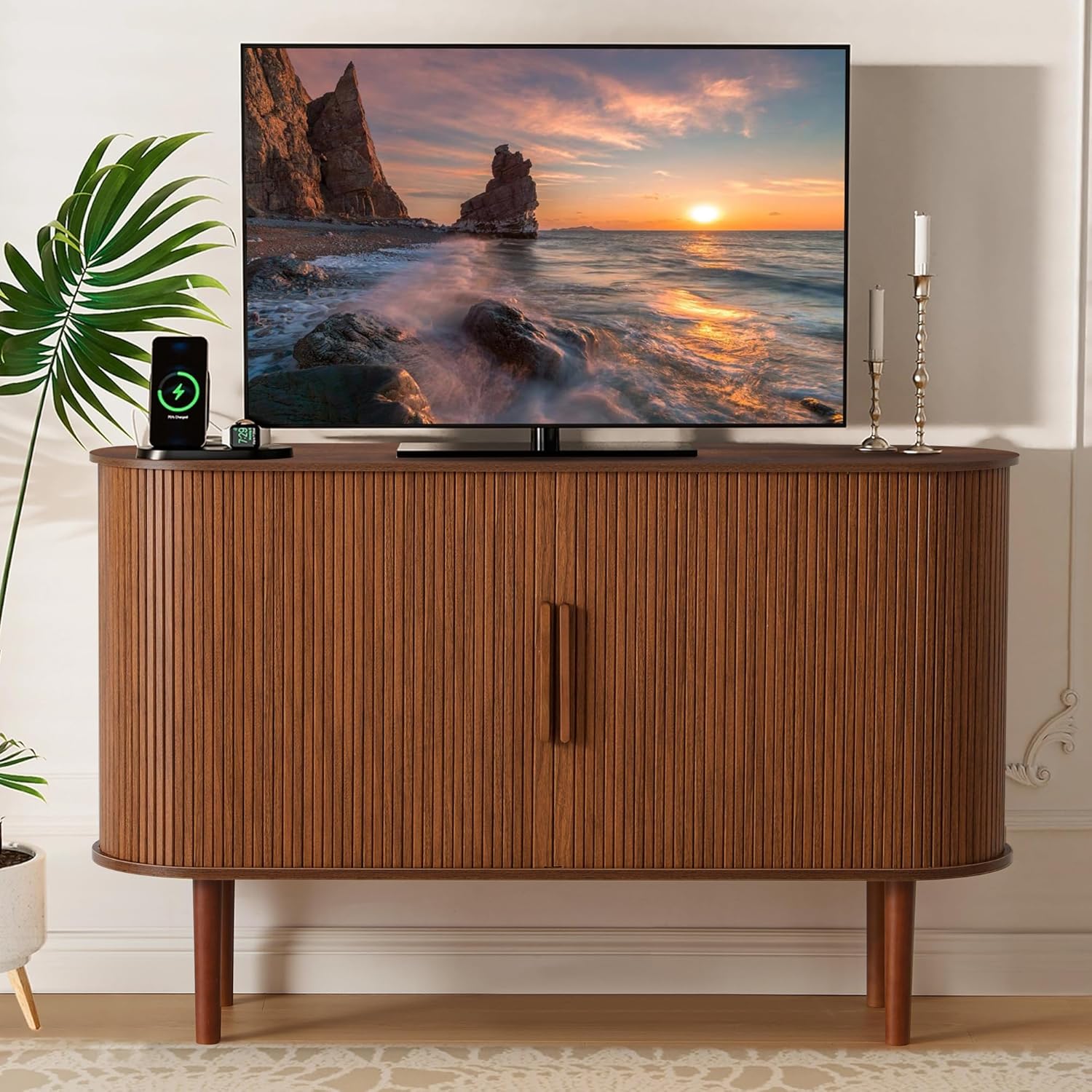 53''Sideboard Buffer Cabinet with Fluted Slide Doors, Modern Credenza Storage Cabinet, Tamour Bar Cabinet Console Table for Living Dining Room Kitchen Hallway Entryway, Walnut - Grand Goldman