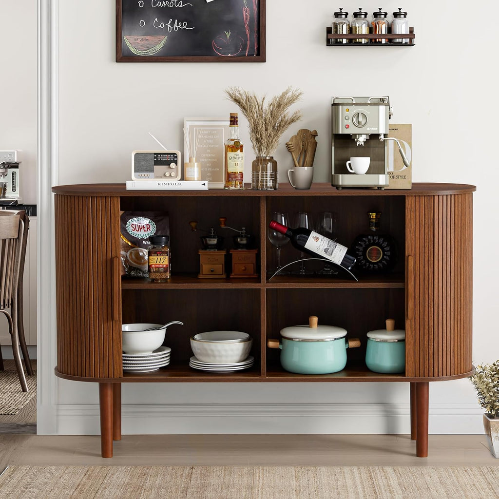 53''Sideboard Buffer Cabinet with Fluted Slide Doors, Modern Credenza Storage Cabinet, Tamour Bar Cabinet Console Table for Living Dining Room Kitchen Hallway Entryway, Walnut - Grand Goldman