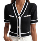 Black And White Temperament French V-neck Color Blocking