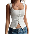 French Square Collar Sleeveless Slit Knitted Vest
