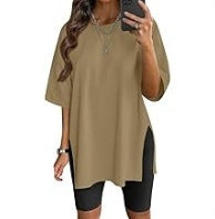 Women's Solid Color Split Short-sleeved T-shirt Round Neck Loose Top