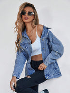 Button Blue Front Flap Pocket Drop Shoulder Denim Jacket - Grand Goldman