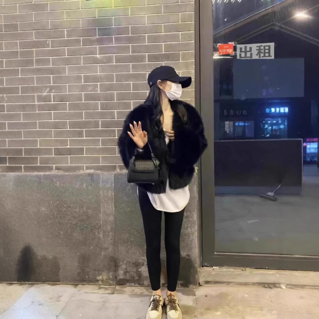 Black Faux Fox Fur Plush Green Fur Coat