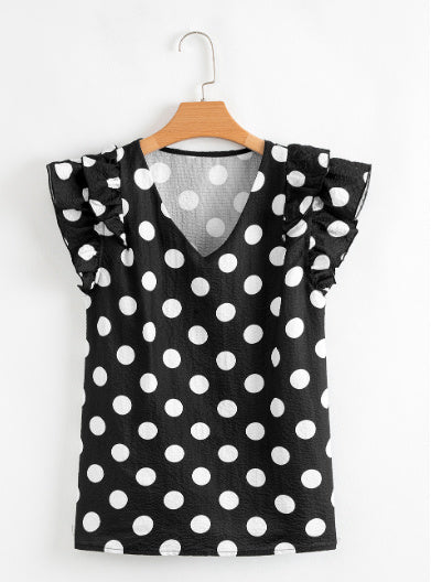 Black Polka Dot Print Ruffled Sleeve V Neck Blouse