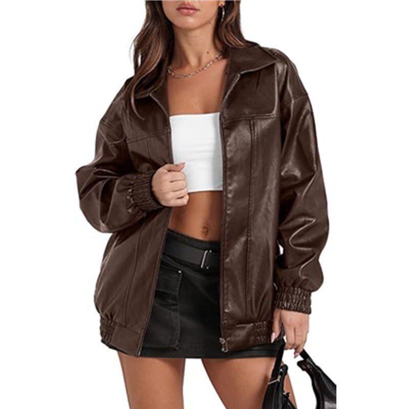 Long Sleeve Lapel Zipper Side Pocket Casual Trench Coat Women