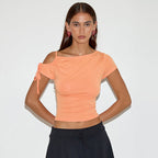 Irregular Strapless Lace-up Short Sleeve T-shirt Top