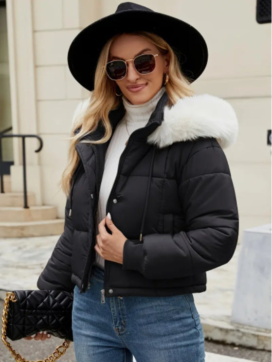 Women's Chic Mint Green Puffer Jacket With Faux Fur Trim Hood - Grand Goldman