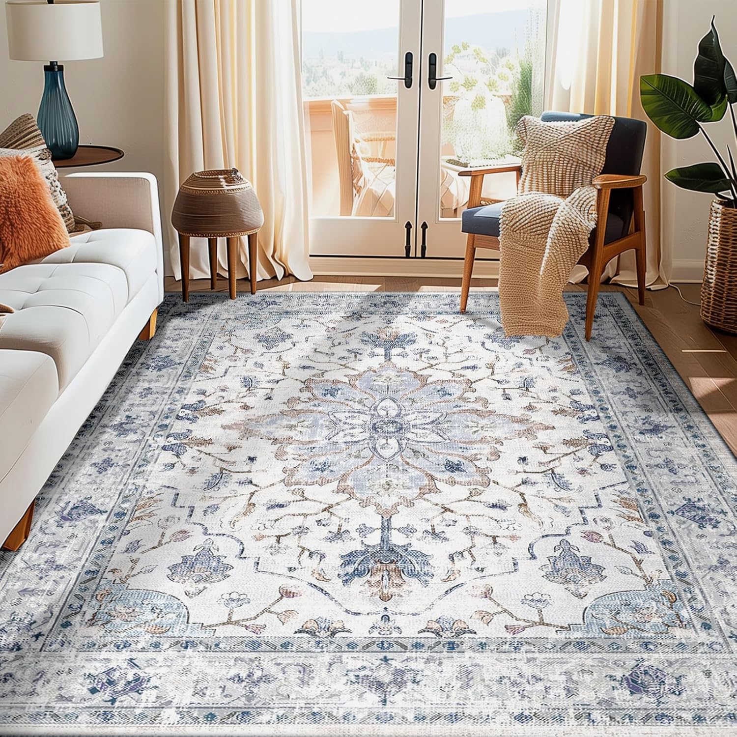 5x7 Area Rugs 5x7, Washable Rug, Non-Slip, Rugs for Living Room, Kitchen Rugs, Rugs for Bedroom Entryway Rug, Vintage Rugs Boho Floral Medallion, Low Pile, Soft, Beige Dark Blue Navy Red - Grand Goldman