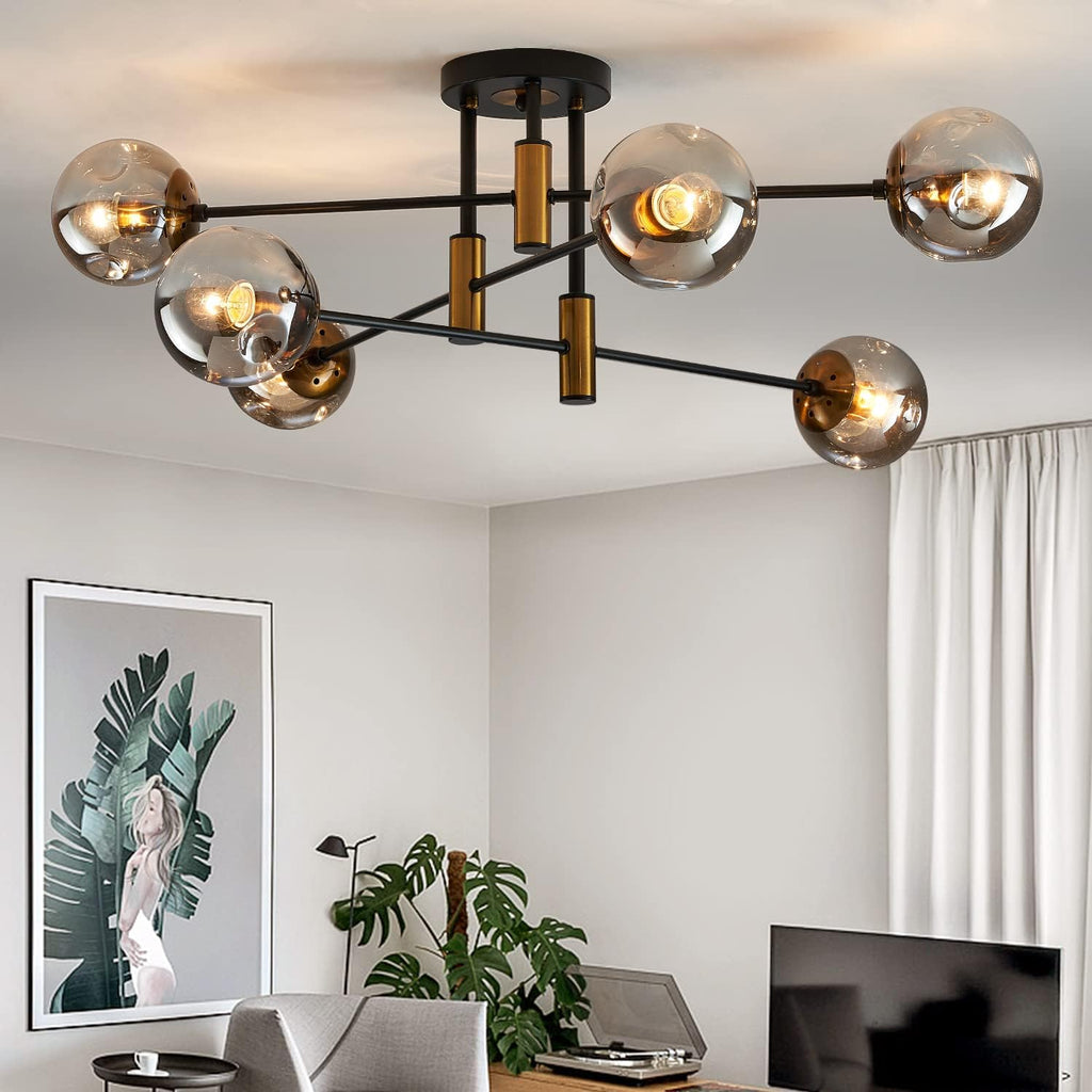 6-Light Glass Globe Sputnik Chandelier Modern Matte Black and Gold Ceiling Light Fixture Vintage Hanging Chandeliers for Farmhouse Living Room, Kitchen Dining Room Bedroom - Grand Goldman