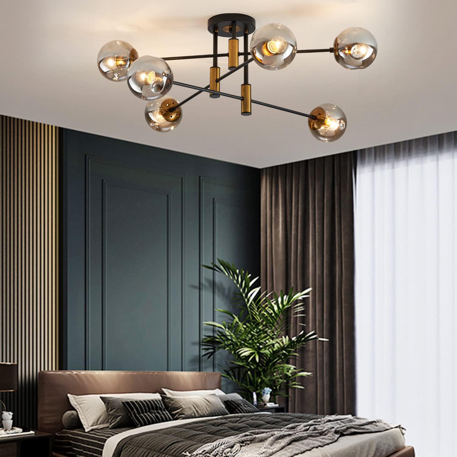 6-Light Glass Globe Sputnik Chandelier Modern Matte Black and Gold Ceiling Light Fixture Vintage Hanging Chandeliers for Farmhouse Living Room, Kitchen Dining Room Bedroom - Grand Goldman