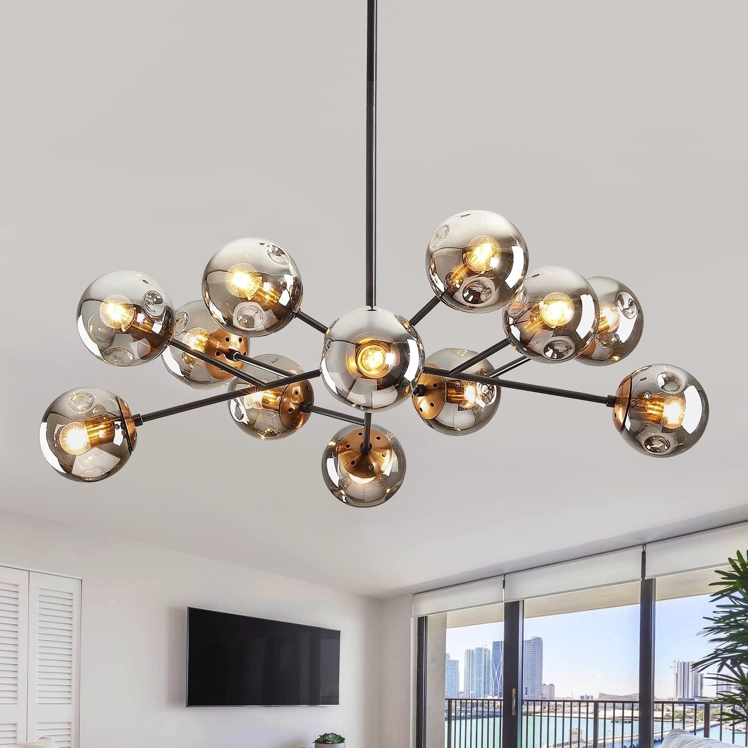 6-Light Glass Globe Sputnik Chandelier Modern Matte Black and Gold Ceiling Light Fixture Vintage Hanging Chandeliers for Farmhouse Living Room, Kitchen Dining Room Bedroom - Grand Goldman
