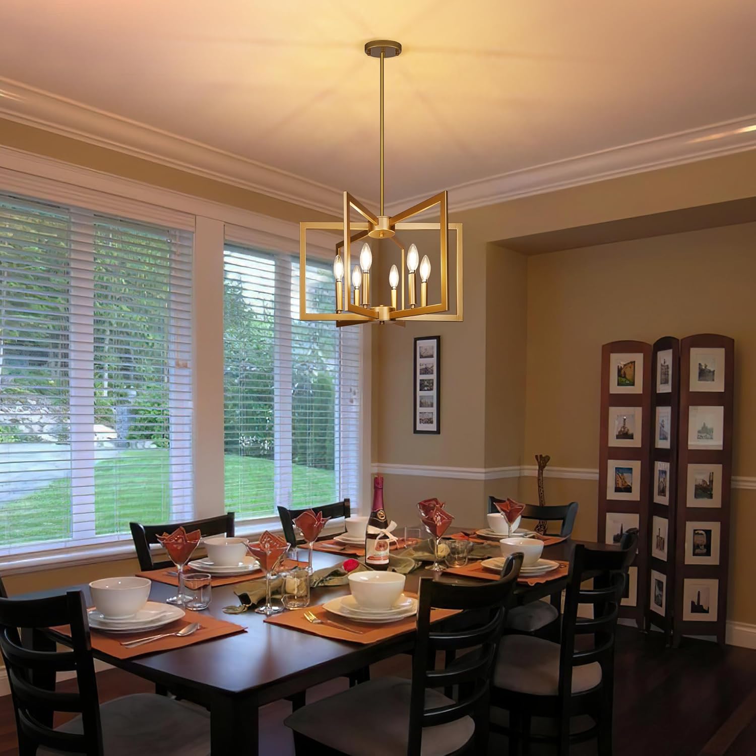 6-Light Gold Pendant Light, Modern Farmhouse Dining Room Light Fixtures Over Table, Industrial Metal Geometric Kitchen Chandelier for Entryway Hallway Foyer Bedroom - Grand Goldman