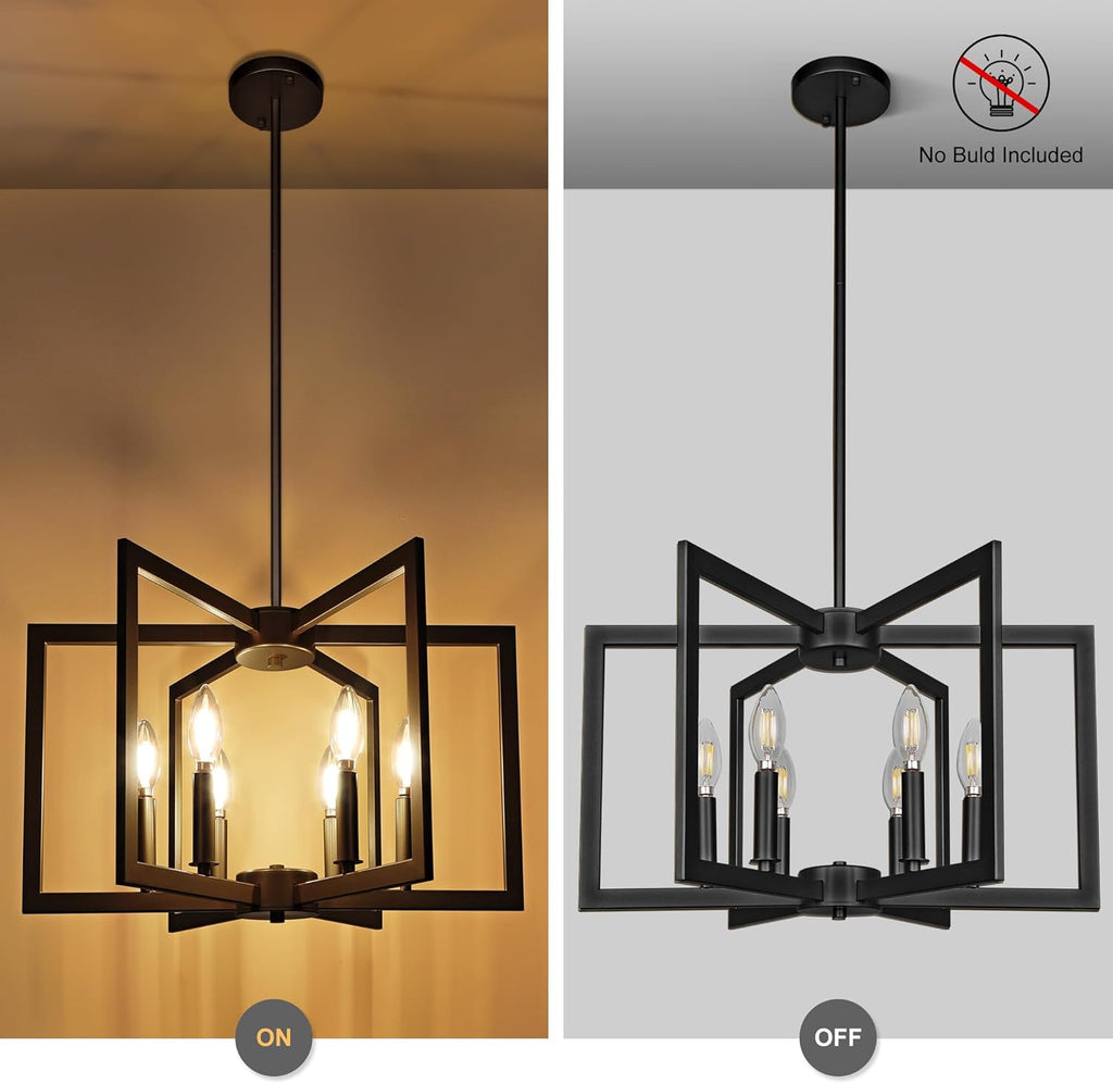 6-Light Modern Farmhouse Black Chandeliers for Entryway, Geometric Pendant Lights Kitchen Island, Hanging Industrial Metal Chandelier for Stairway Foyer Hallway Dining Room - Grand Goldman