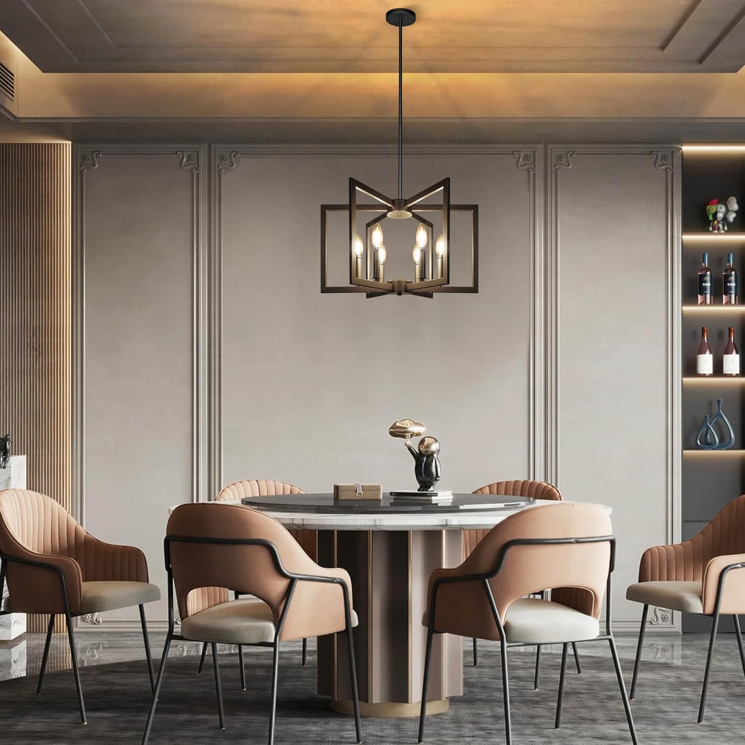 6-Light Modern Farmhouse Black Chandeliers for Entryway, Geometric Pendant Lights Kitchen Island, Hanging Industrial Metal Chandelier for Stairway Foyer Hallway Dining Room - Grand Goldman