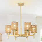 6-Lights Gold Chandelier Light Fixture - Boho Rattan Chandeliers for Dining Room, Farmhouse Kitchen Lighting Fixtures Ceiling, Hanging Pendant lights for Kitchen Island Bedroom Living Room Nursery - Grand Goldman
