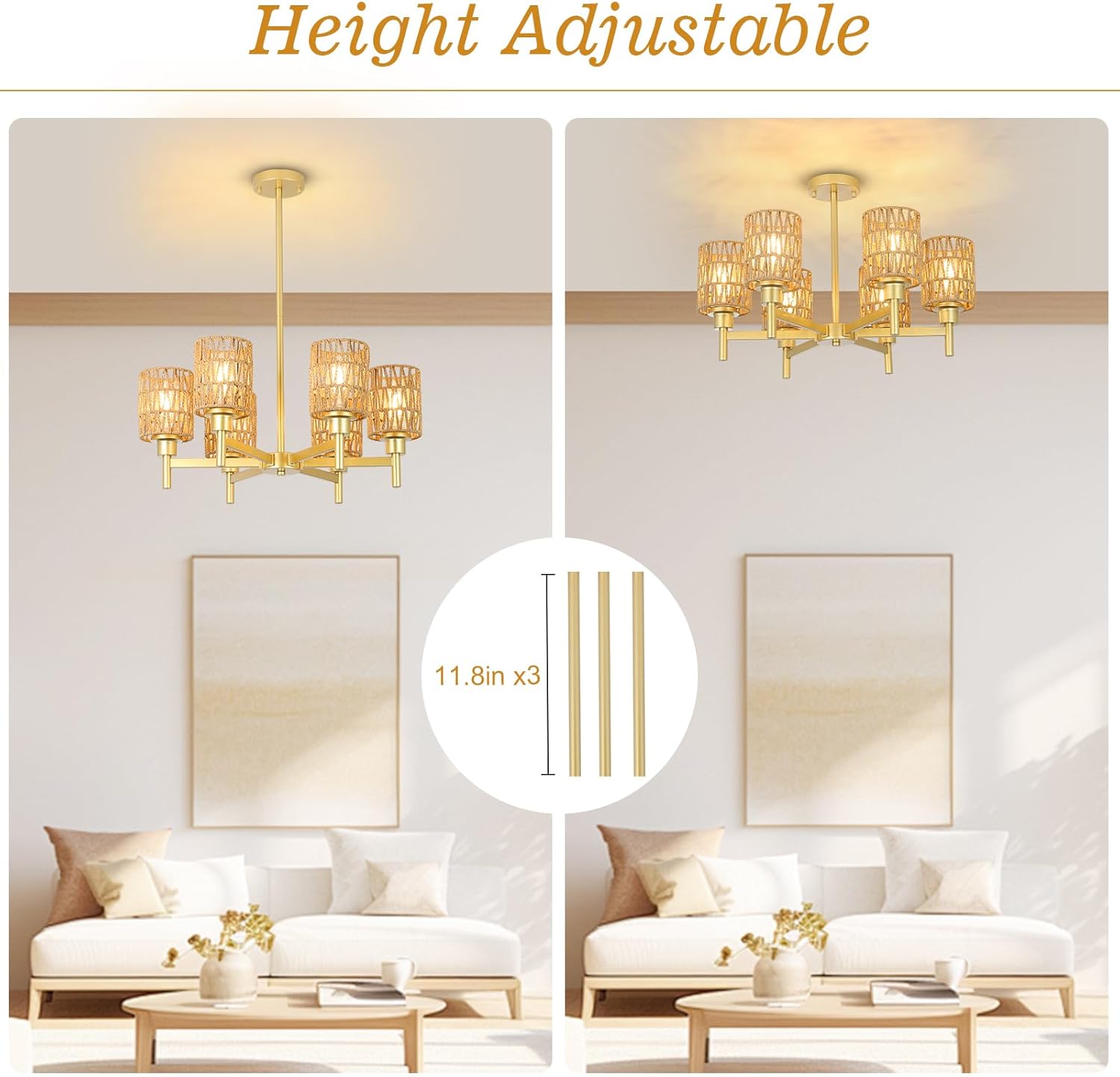 6-Lights Gold Chandelier Light Fixture - Boho Rattan Chandeliers for Dining Room, Farmhouse Kitchen Lighting Fixtures Ceiling, Hanging Pendant lights for Kitchen Island Bedroom Living Room Nursery - Grand Goldman