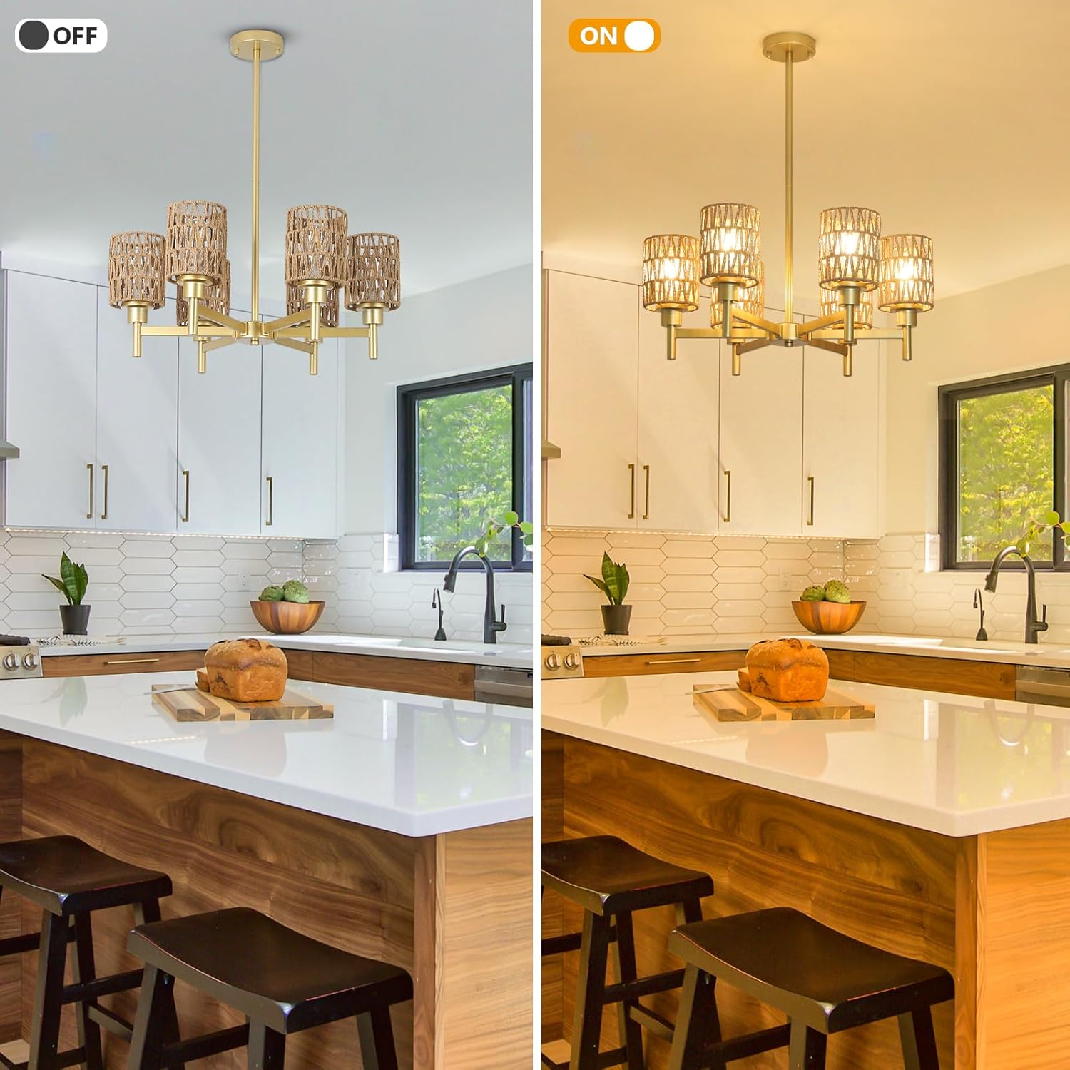 6-Lights Gold Chandelier Light Fixture - Boho Rattan Chandeliers for Dining Room, Farmhouse Kitchen Lighting Fixtures Ceiling, Hanging Pendant lights for Kitchen Island Bedroom Living Room Nursery - Grand Goldman