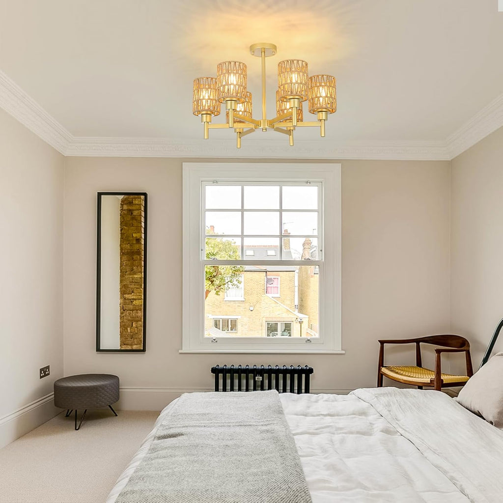6-Lights Gold Chandelier Light Fixture - Boho Rattan Chandeliers for Dining Room, Farmhouse Kitchen Lighting Fixtures Ceiling, Hanging Pendant lights for Kitchen Island Bedroom Living Room Nursery - Grand Goldman