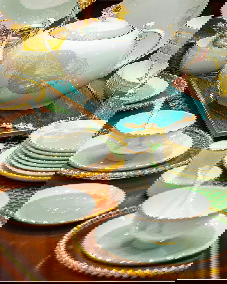 60 Pieces Bone China Dinnerware Set with Colorful Glaze Elegant Bowls and Plates for Home Ceramic Bowls and Plates Set - Grand Goldman