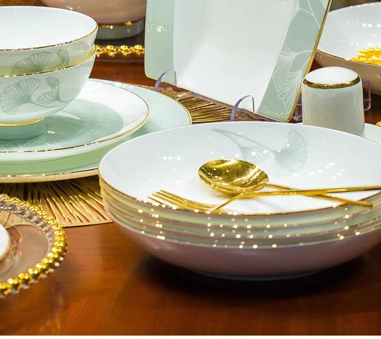 60 Pieces Bone China Dinnerware Set with Colorful Glaze Elegant Bowls and Plates for Home Ceramic Bowls and Plates Set - Grand Goldman