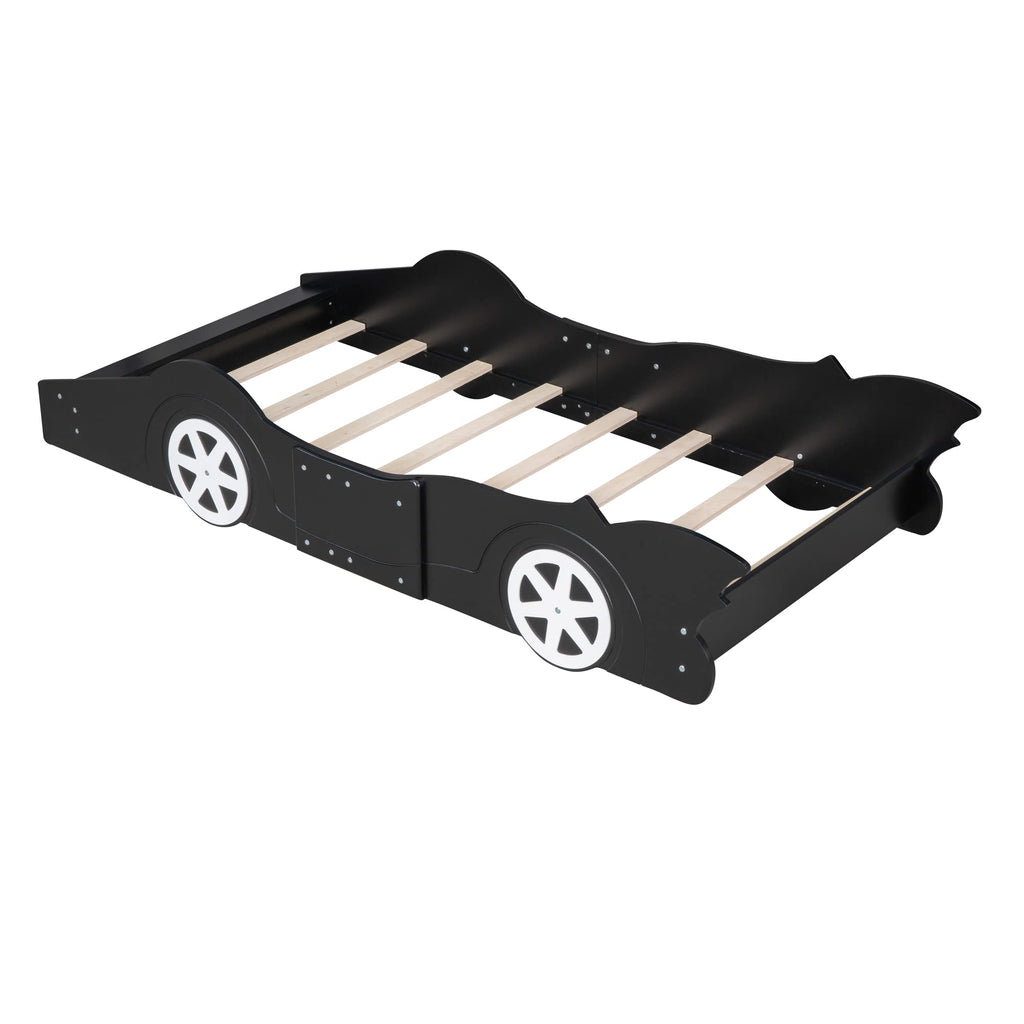 Harper & Bright Designs Twin-Size Plattformbett in Rennwagenform mit Rollen, Holzrahmen mit Stützlatten, Twin-Bodenbett für Kinder Jungen Mädchen Jugendliche, Schwarz