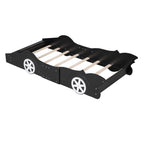 Harper & Bright Designs Twin-Size Plattformbett in Rennwagenform mit Rollen, Holzrahmen mit Stützlatten, Twin-Bodenbett für Kinder Jungen Mädchen Jugendliche, Schwarz