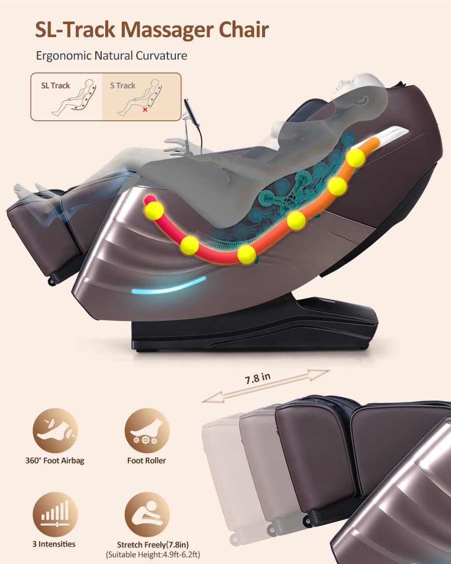 RELX 2025 Massage Chair Full Body, Zero Gravity SL-Track Shiatsu Massage Chair Built-in Heat System, Airbag Massage, with Body Scan, Deep Yoga Stretch, Calfrest Extension and AI Control(Brown)