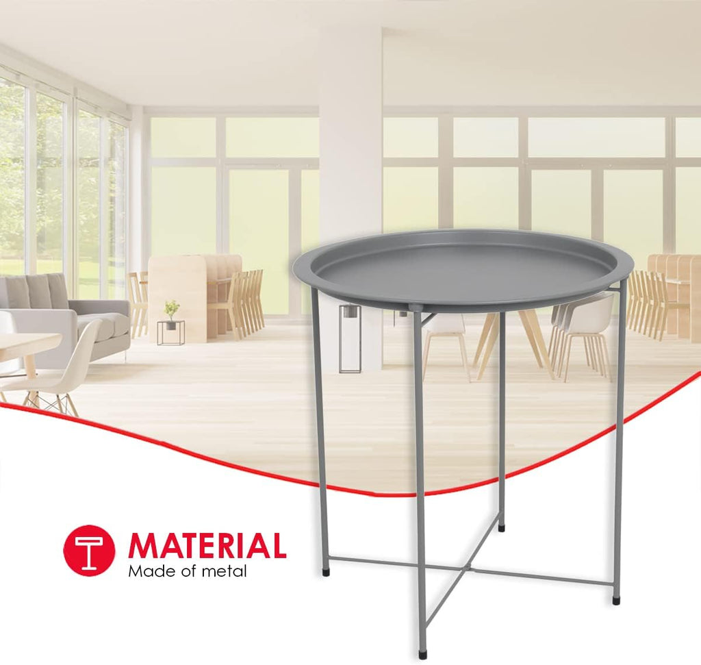 Home Basics , Matte Grey Foldable Round Multi-Purpose Metal Side Accent, Coffee, End Table for Bedroom, Living Room