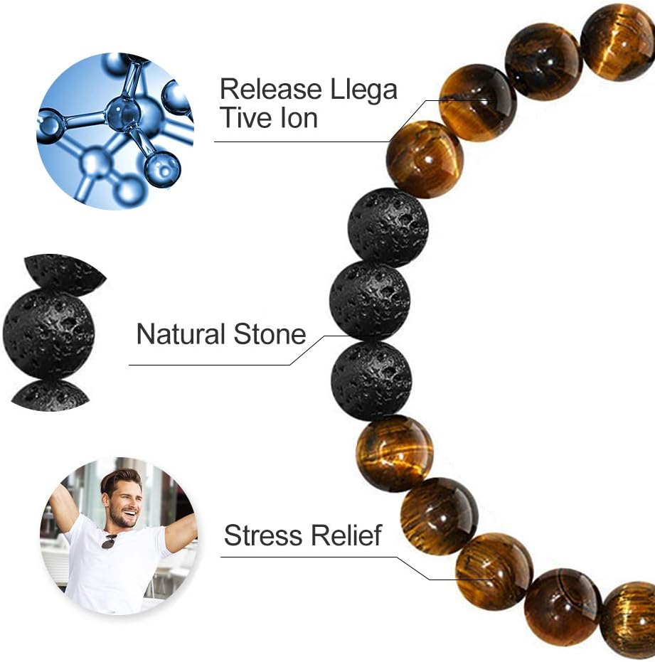 M MOOHAM Natural Stone Bracelets for Men - 8mm Tiger Eye, Matte Agate, Lava Rock - Teen Boys Gifts for Birthday, Anniversary, Christmas