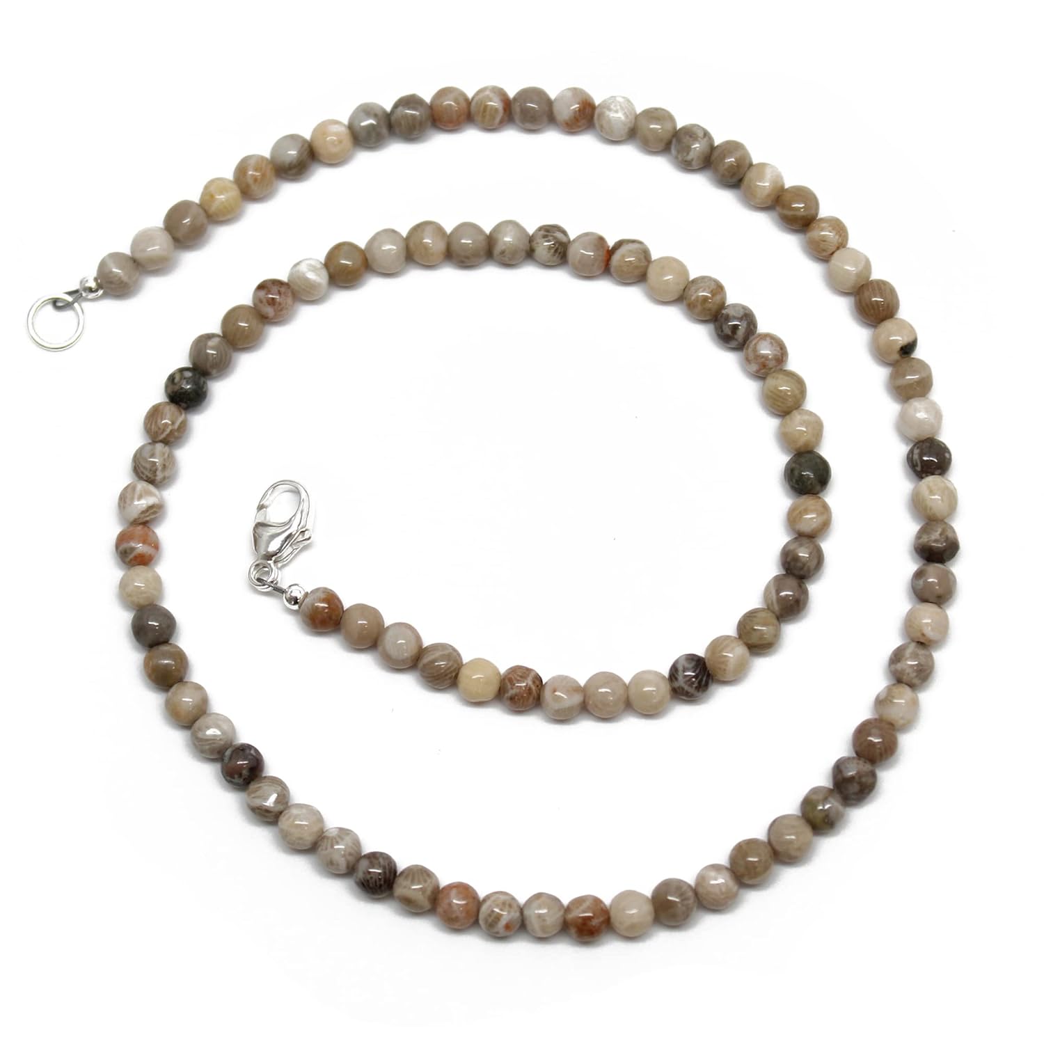 Handmade 4mm Petoskey Coral Bead Necklace Strand, Small Brown Stone Beaded Necklace