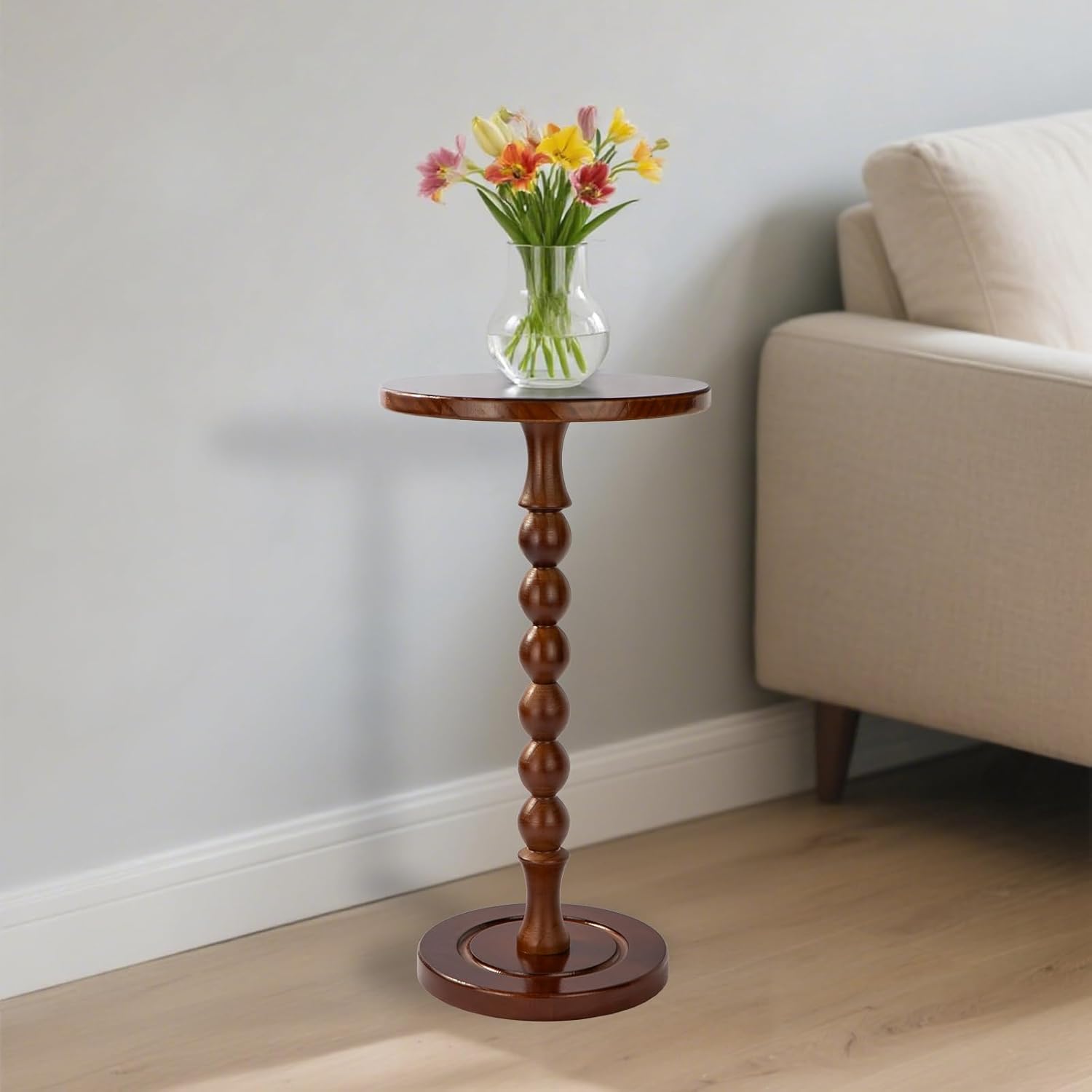 Round Side Table for Small Spaces, Drink Table with Oak Wood Pedestal, Modern End Table Nightstand for Living Room, Bedroom, Office, and Corners, Tool-Free Assembly, Brown