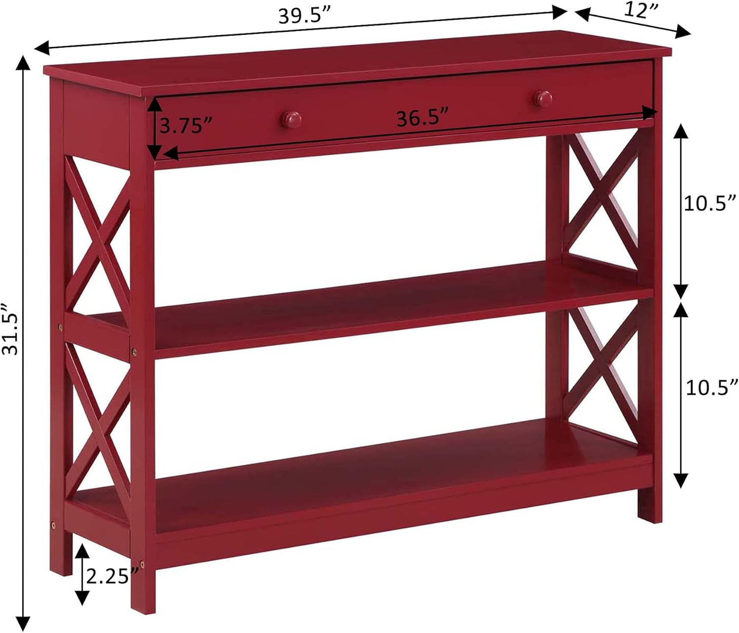 Convenience Concepts Oxford 1 Drawer Console Table with Shelves, Cranberry Red