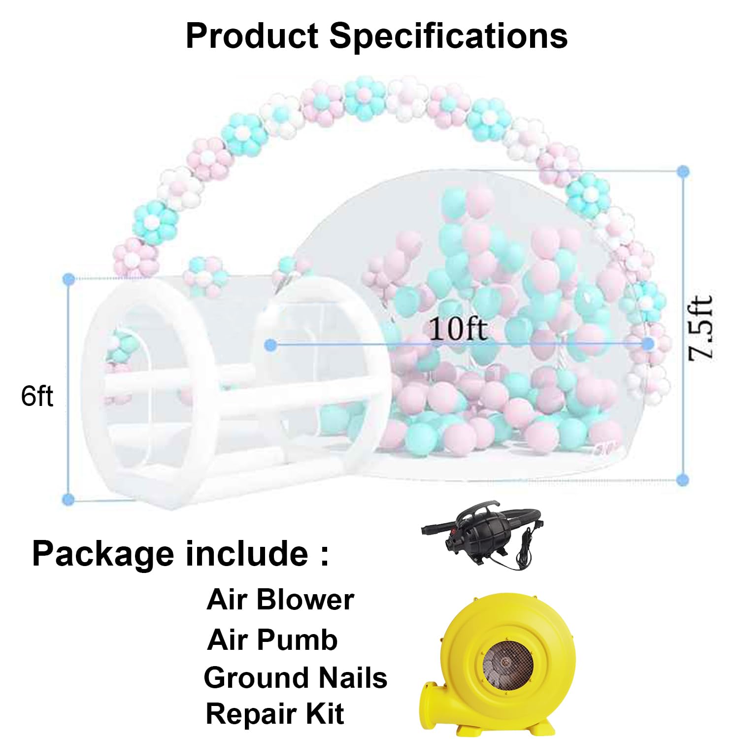10FT Inflatable Bubble House Dome for Kids, Clear PVC Inflatable Bubble House Tent with Tunnel, Bubble Balloon House with 800W Air Blower, 600W Air Pump with 50pcs Balloons Inflatable Dome for Party