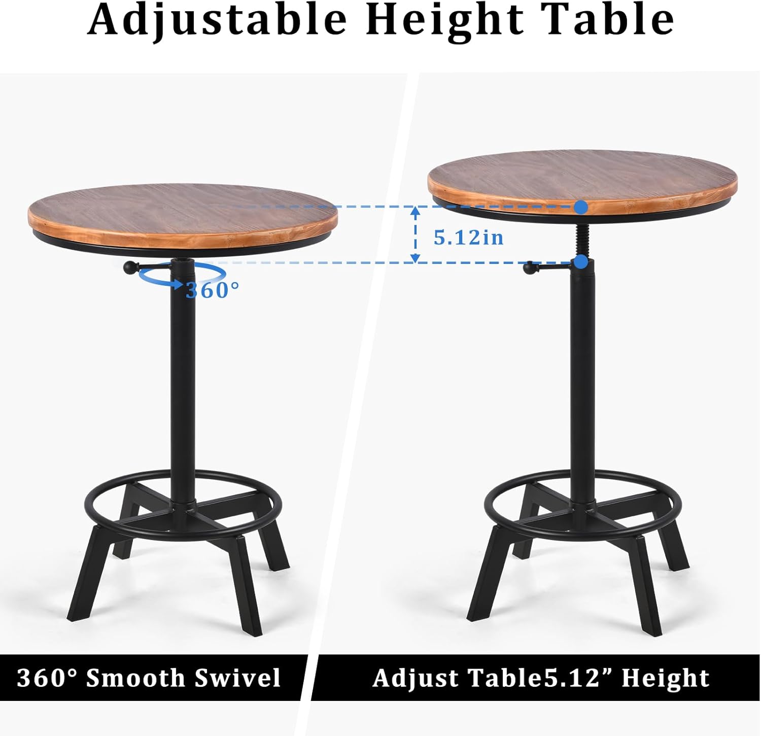 LOKKHAN Adjustable Swivel Bar Table 30"-35.4" Round Wood Tabletop 23.6" Dia, Rustic Industrial Kitchen Dining Living Party Office Coffee Bistro Breakfast Pub Table,Space-Saving