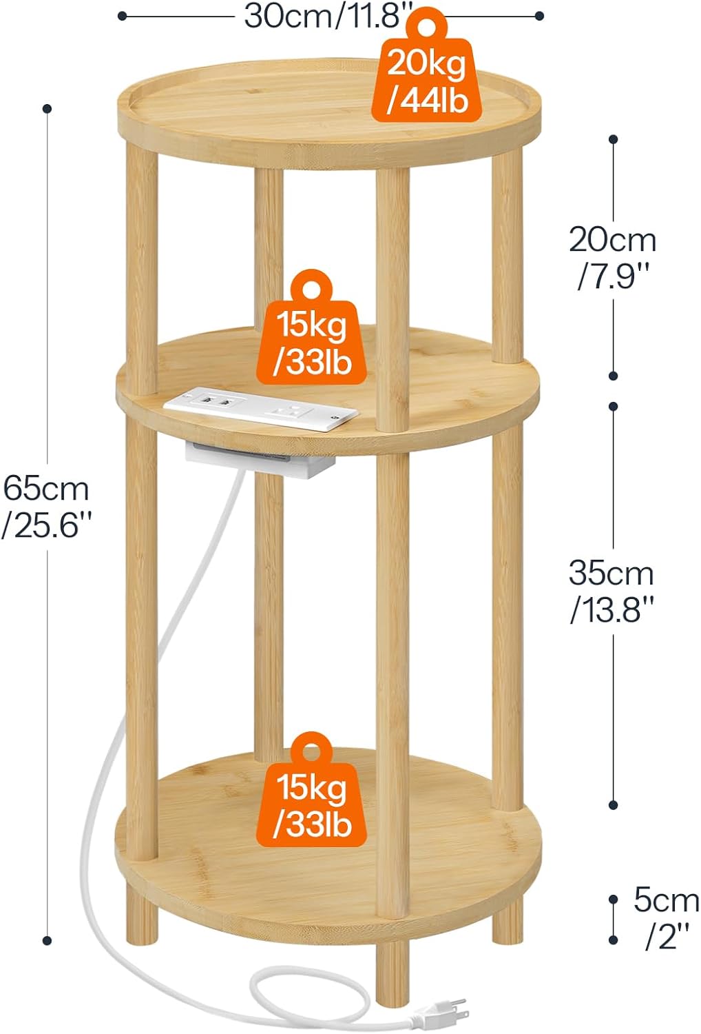 HOOBRO Set of 2 Small Round Side Tables with Charging Station, 3-Tier Round Bamboo End Tables, Easy Assembly, for Living Room, Bedroom, Apartment, Natural YL152UBZP201