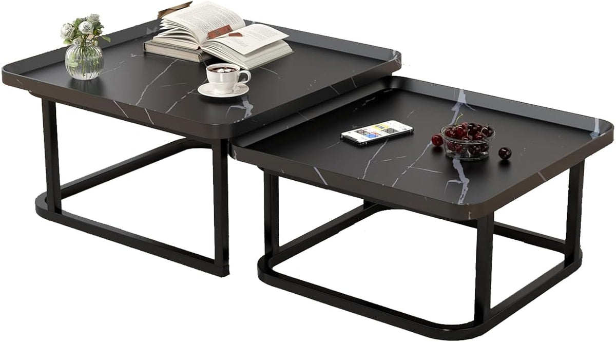 Square Coffee Tables Living Room Set of 2, Nesting Walnut Coffee Table with Fluted, End Tables for Bedroom Office Balcony Yard (23.5"+19.5" Black)